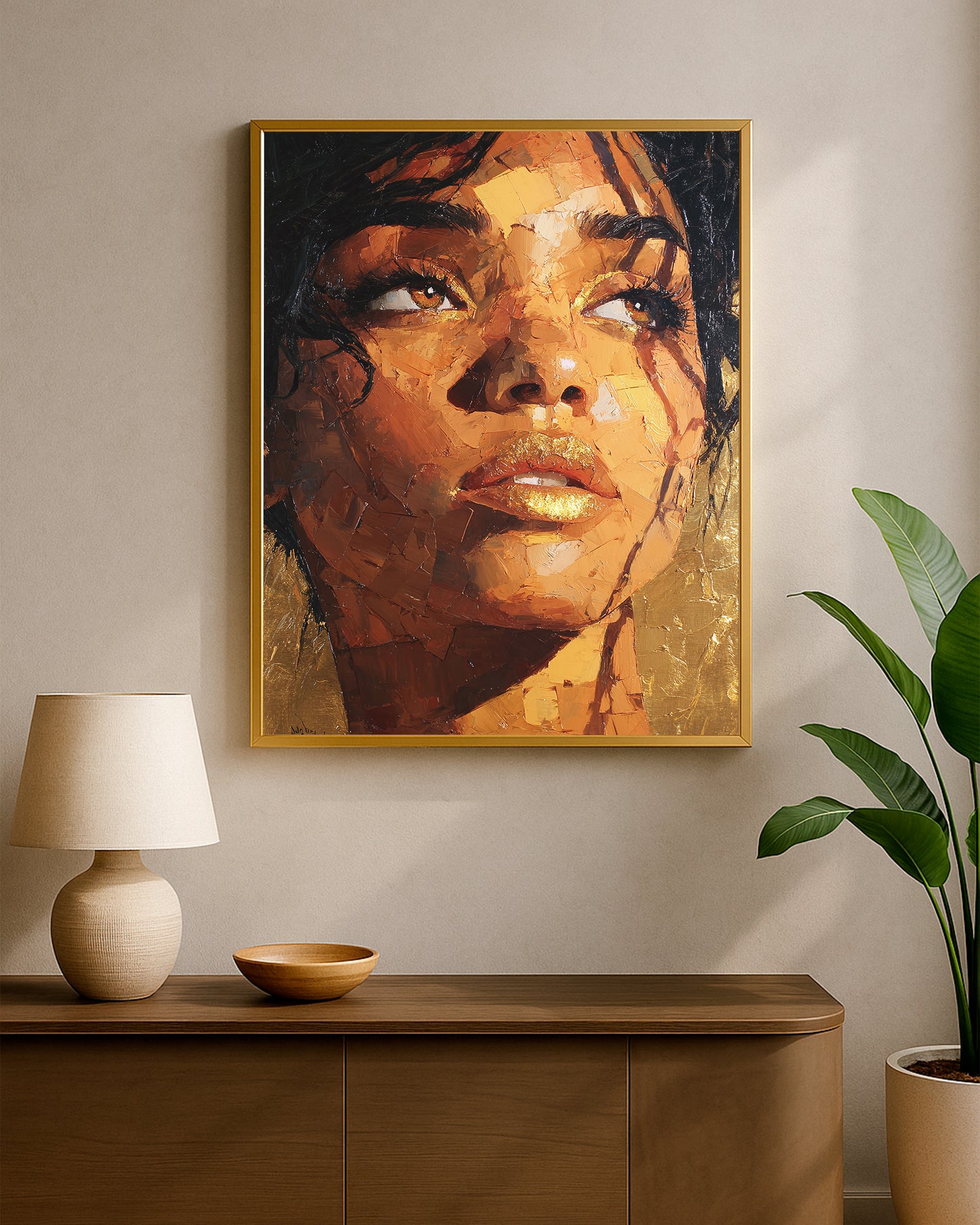 Glam portrait decor showing a woman with dark hair, textured skin tones, and luxurious metallic-style gold highlights