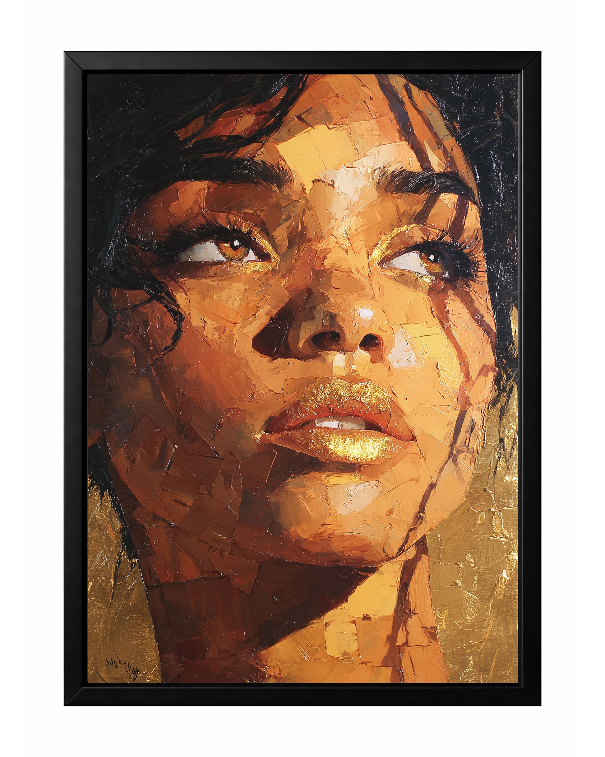 Gold glam woman portrait wall art with metallic gold lips, luminous eye accents, and rich palette-knife texture across the face