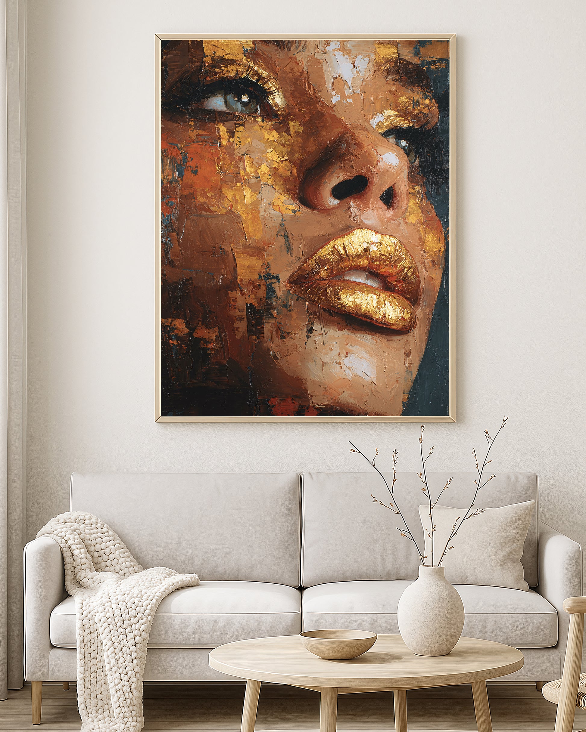 Contemporary beauty portrait artwork featuring a close-up woman’s face in warm bronze and amber tones with layered gold detail