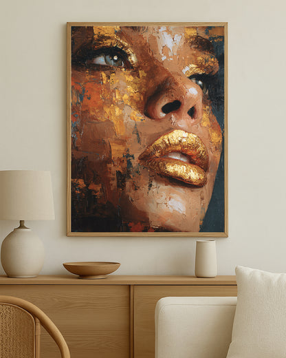 Modern feminine wall art print with expressive painterly brushwork, glowing gold lips, and dramatic eye detail