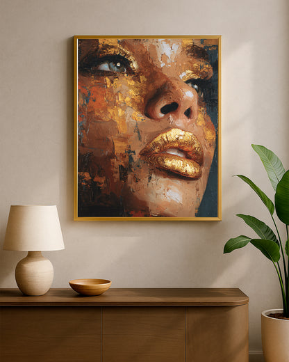 Glam portrait decor showing a woman with dark hair, textured skin tones, and luxurious metallic-style gold highlights