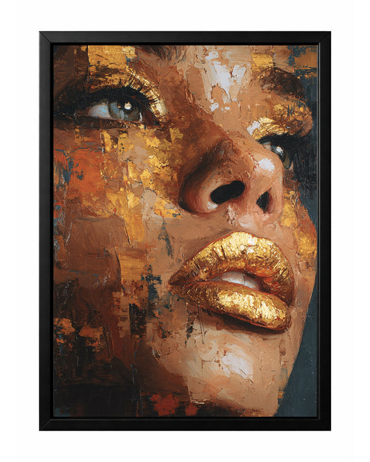 Gold glam woman portrait wall art with metallic gold lips, luminous eye accents, and rich palette-knife texture across the face