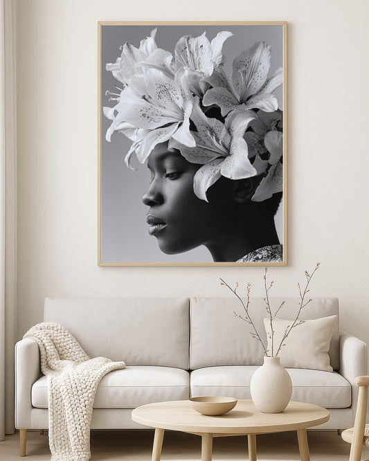 Monochrome portrait artwork of a woman in profile with an oversized lily flower headpiece and soft gray background