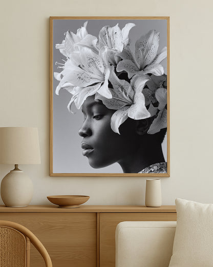 Botanical wall art print showing a close-up female profile surrounded by detailed white lily blossoms