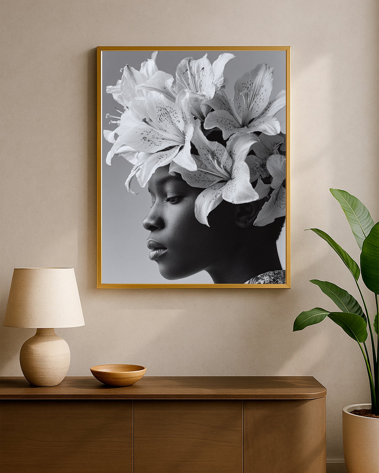 Elegant black and white portrait decor with a woman’s face framed by dramatic floral blooms in a minimalist composition