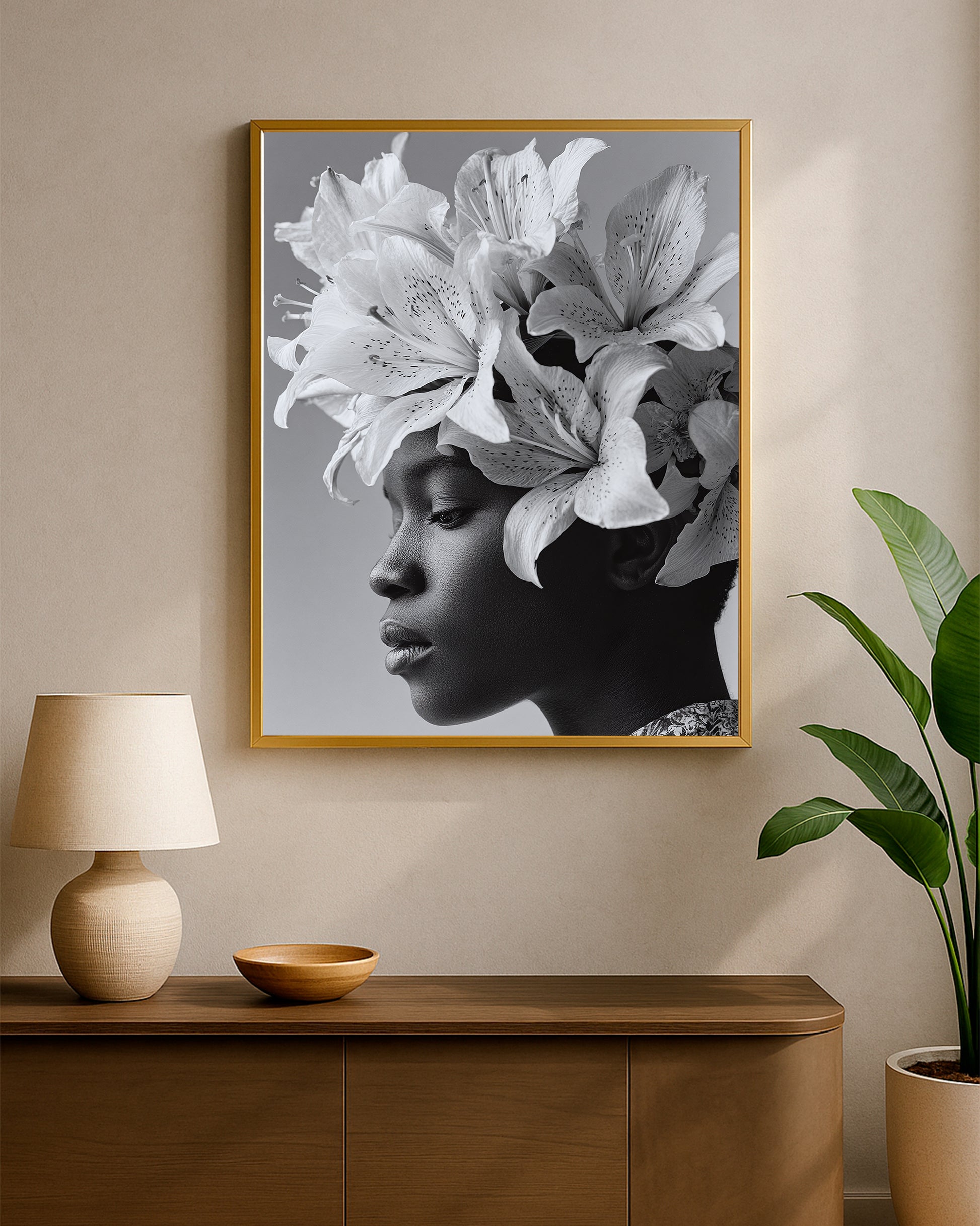 Elegant black and white portrait decor with a woman’s face framed by dramatic floral blooms in a minimalist composition
