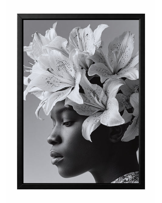Black and white floral woman portrait wall art featuring a side profile crowned with large blooming lilies