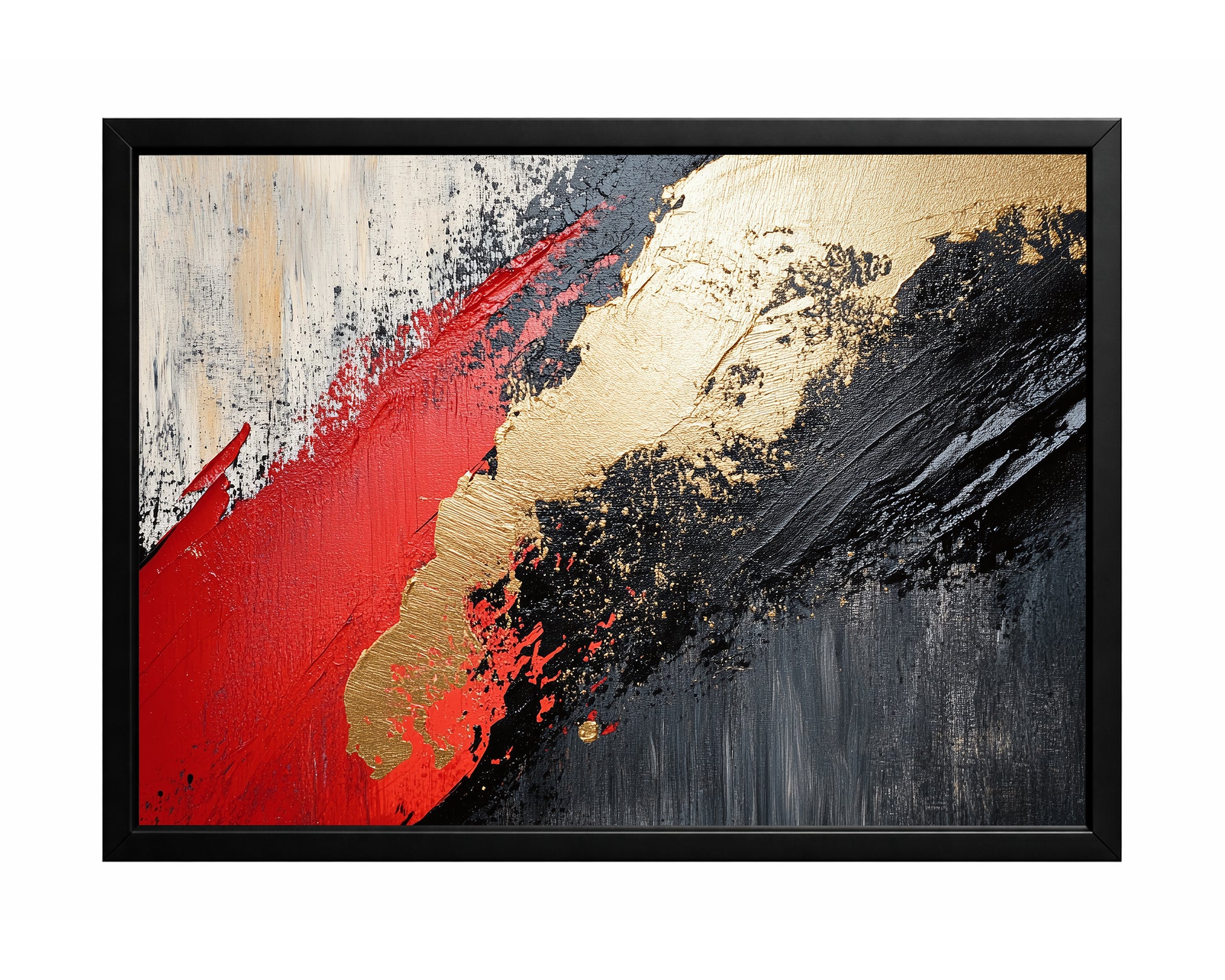 Abstract wall art with bold red, black, and gold textured brushstrokes on a neutral and charcoal background.