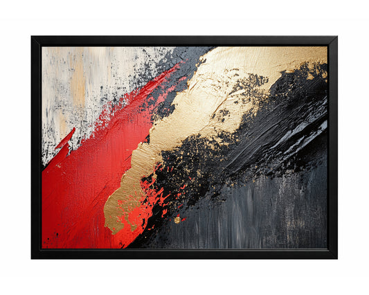 Abstract wall art with bold red, black, and gold textured brushstrokes on a neutral and charcoal background.