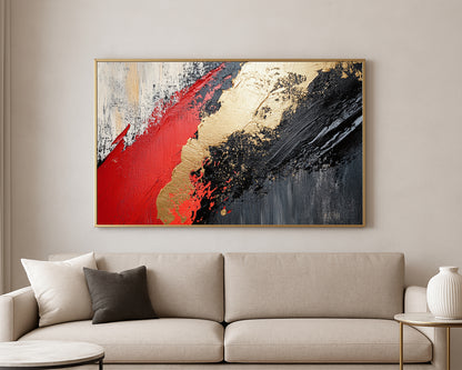 Modern abstract painting featuring sweeping black and gold layers over vivid red accents and distressed texture.
