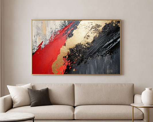 Modern abstract painting featuring sweeping black and gold layers over vivid red accents and distressed texture.