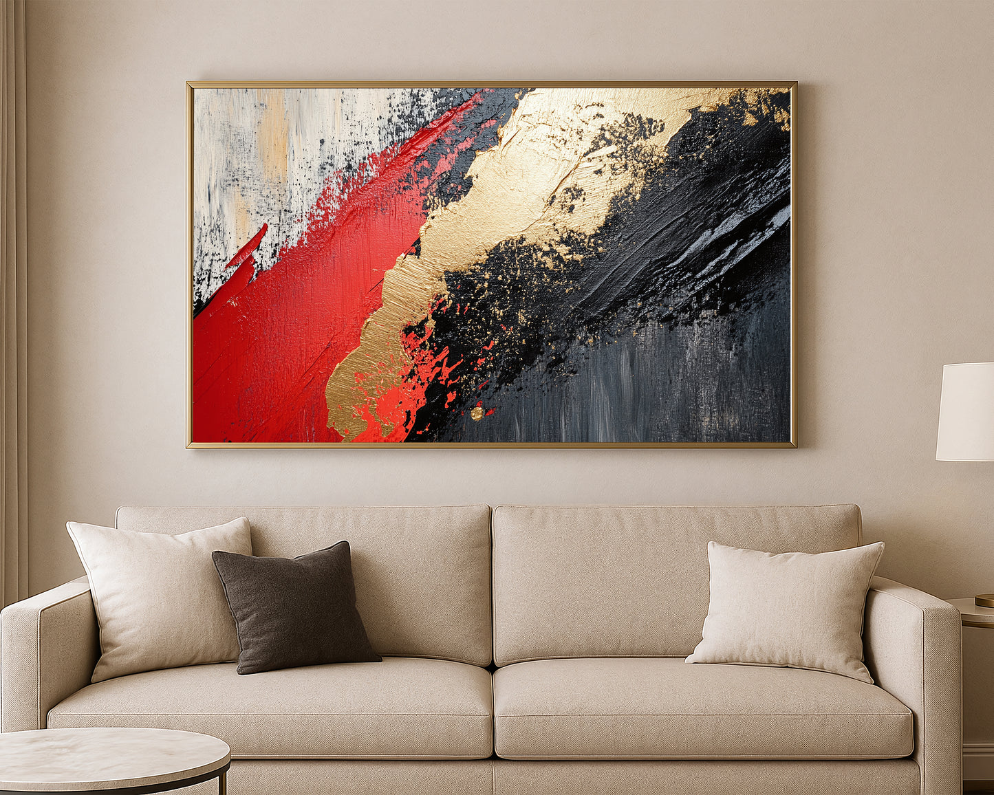 Textured abstract artwork with dramatic red, gold, and black strokes across a soft gray and ivory backdrop.