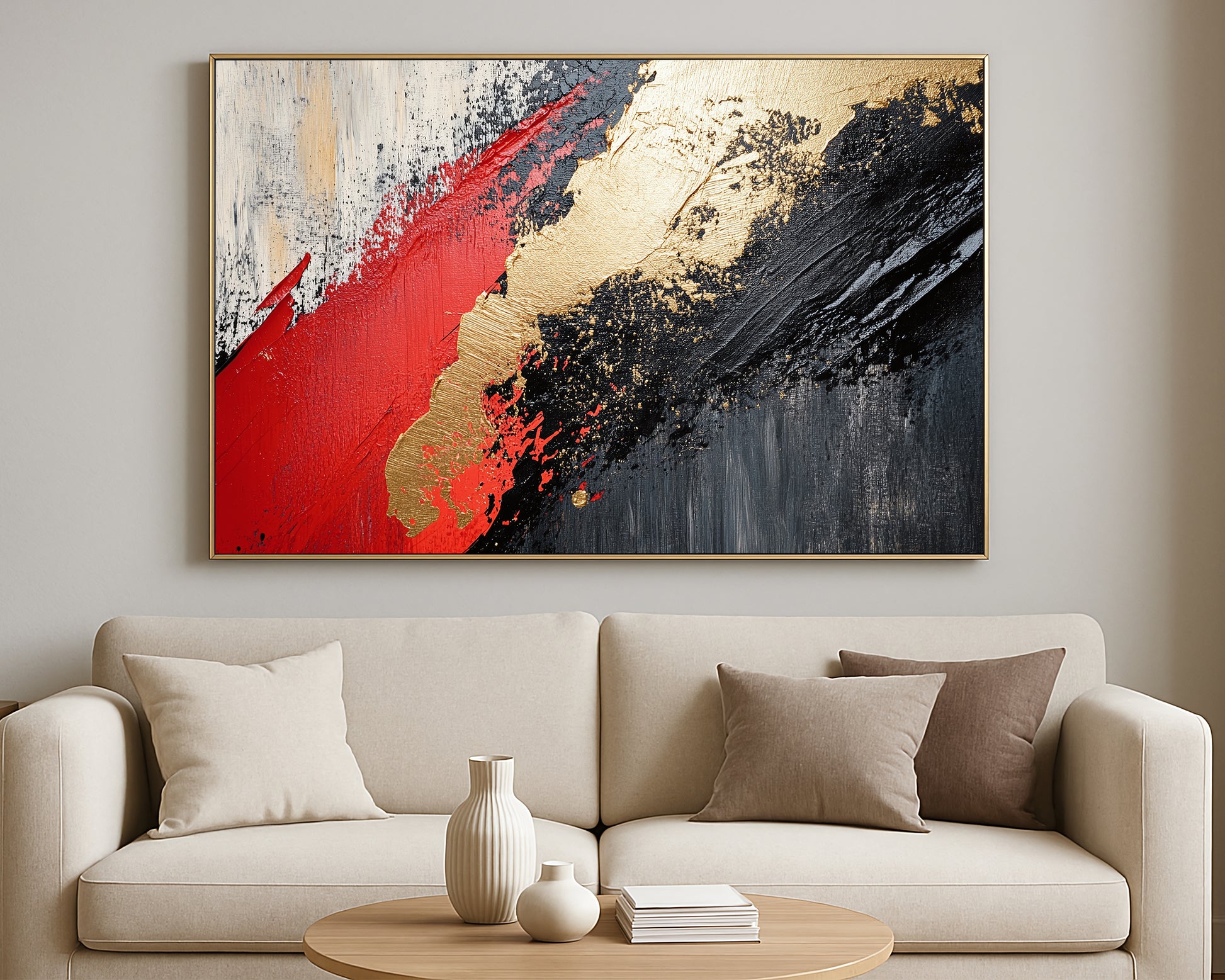 Contemporary wall art showing layered metallic gold, deep black, and vibrant red in a bold expressive composition.