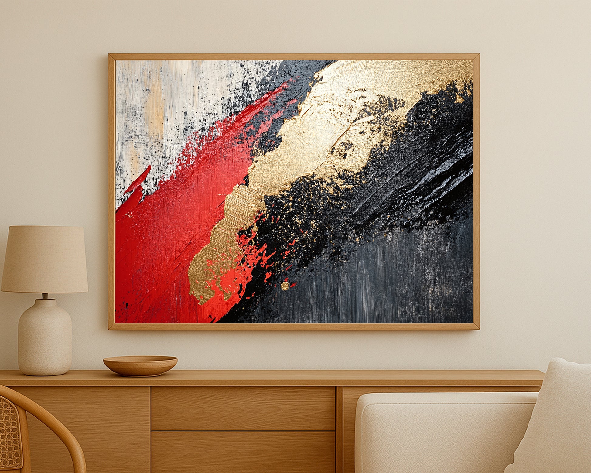 Statement abstract painting with rich texture, strong red accents, and sweeping black and gold forms on a muted background.