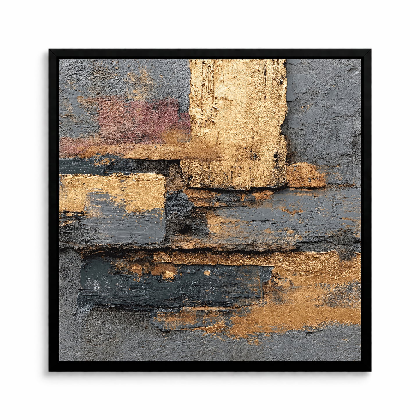 Square abstract wall art with textured gold and charcoal layers arranged in a modern geometric composition on a gray background.