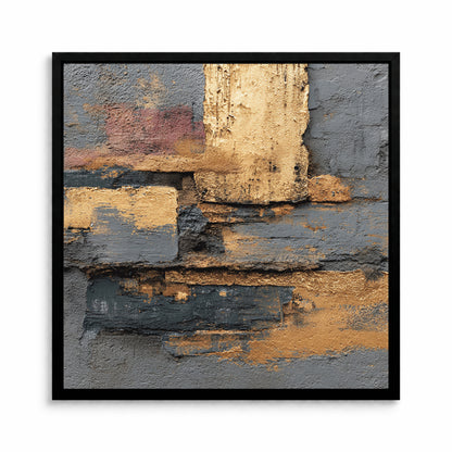 Square abstract wall art with textured gold and charcoal layers arranged in a modern geometric composition on a gray background.