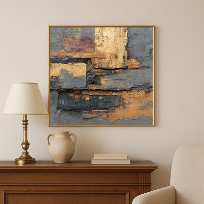 Textured abstract artwork featuring metallic gold, deep gray, and muted mauve blocks with rough layered surfaces.