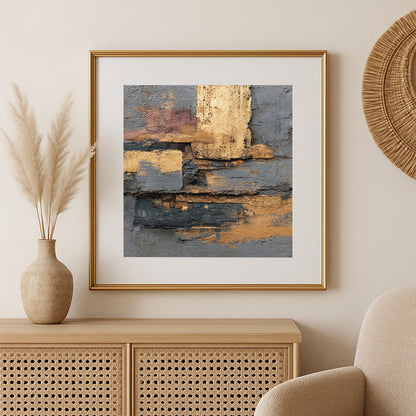 Modern square abstract print with distressed gold accents and charcoal forms over a concrete-like neutral backdrop.