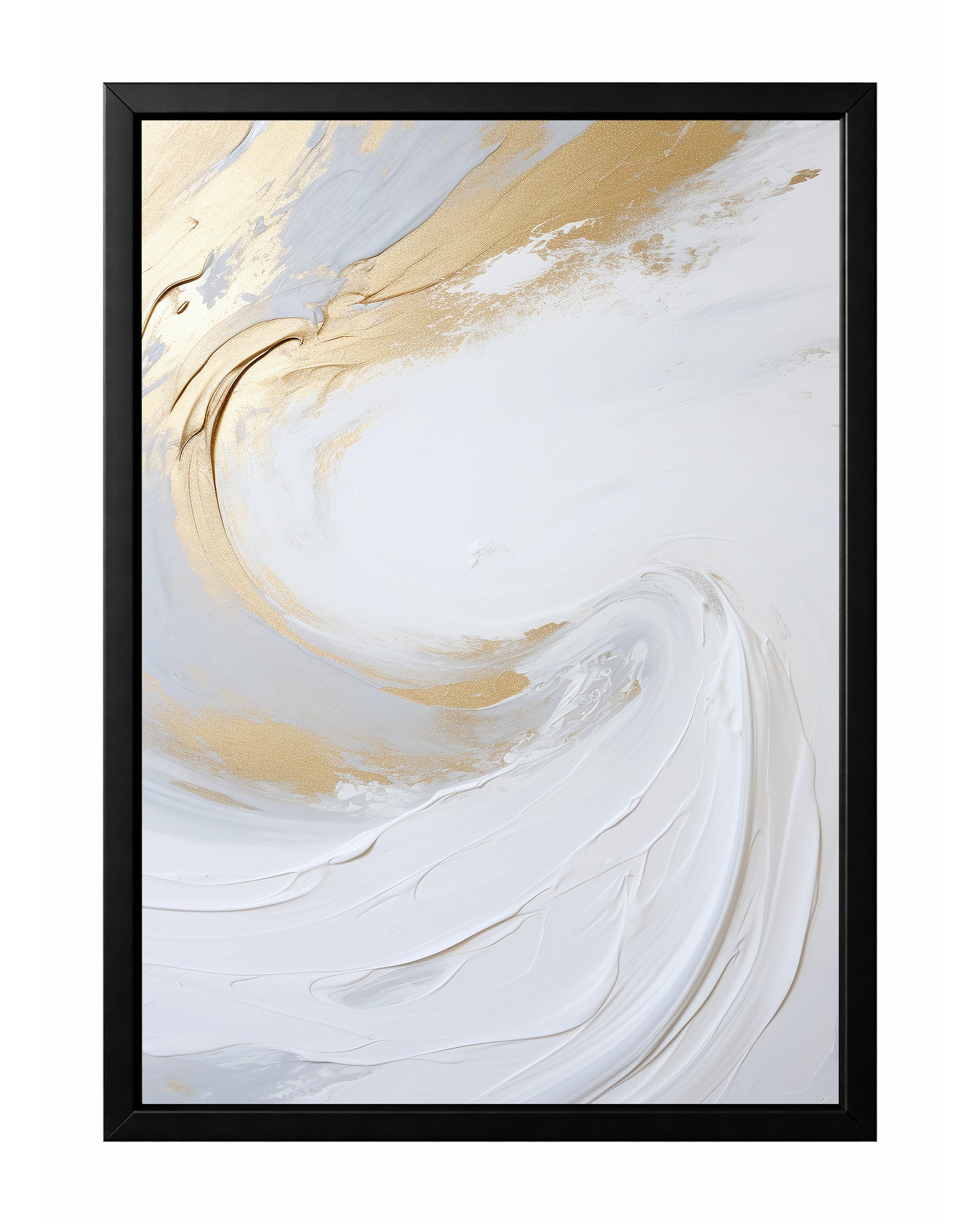 Soft abstract wall art with flowing white brushwork and pale gold accents in a light swirling composition.