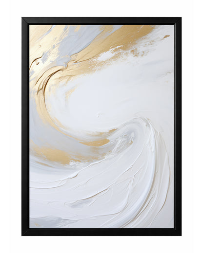 Soft abstract wall art with flowing white brushwork and pale gold accents in a light swirling composition.