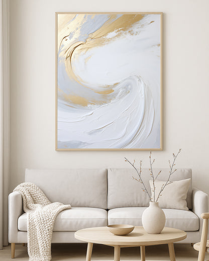 Elegant abstract print with smooth white curves, pale gold highlights, and a calm airy composition.