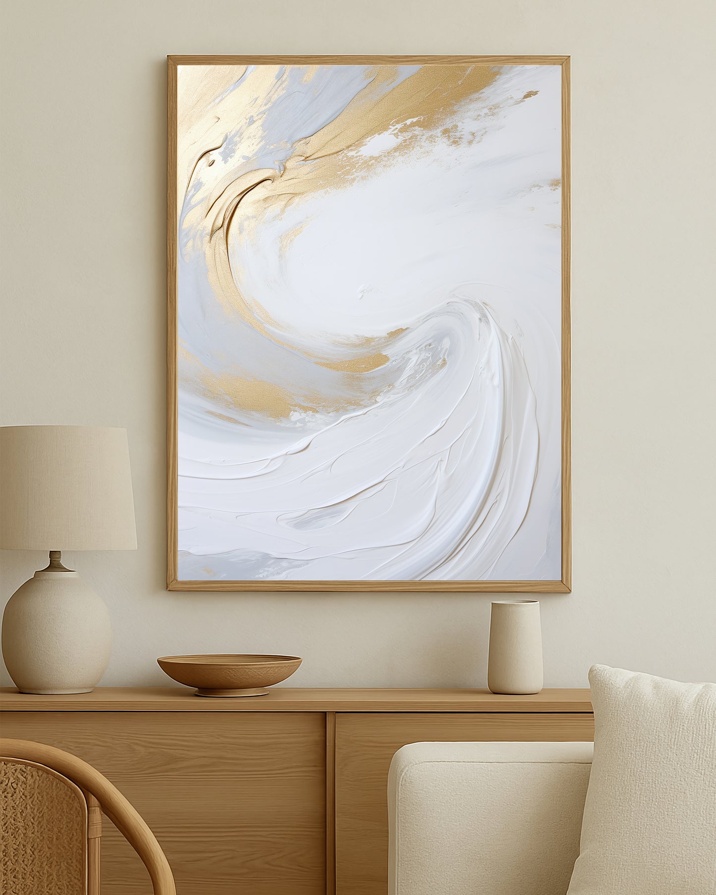 Minimal abstract artwork featuring layered white texture and subtle gold movement on a clean neutral background.