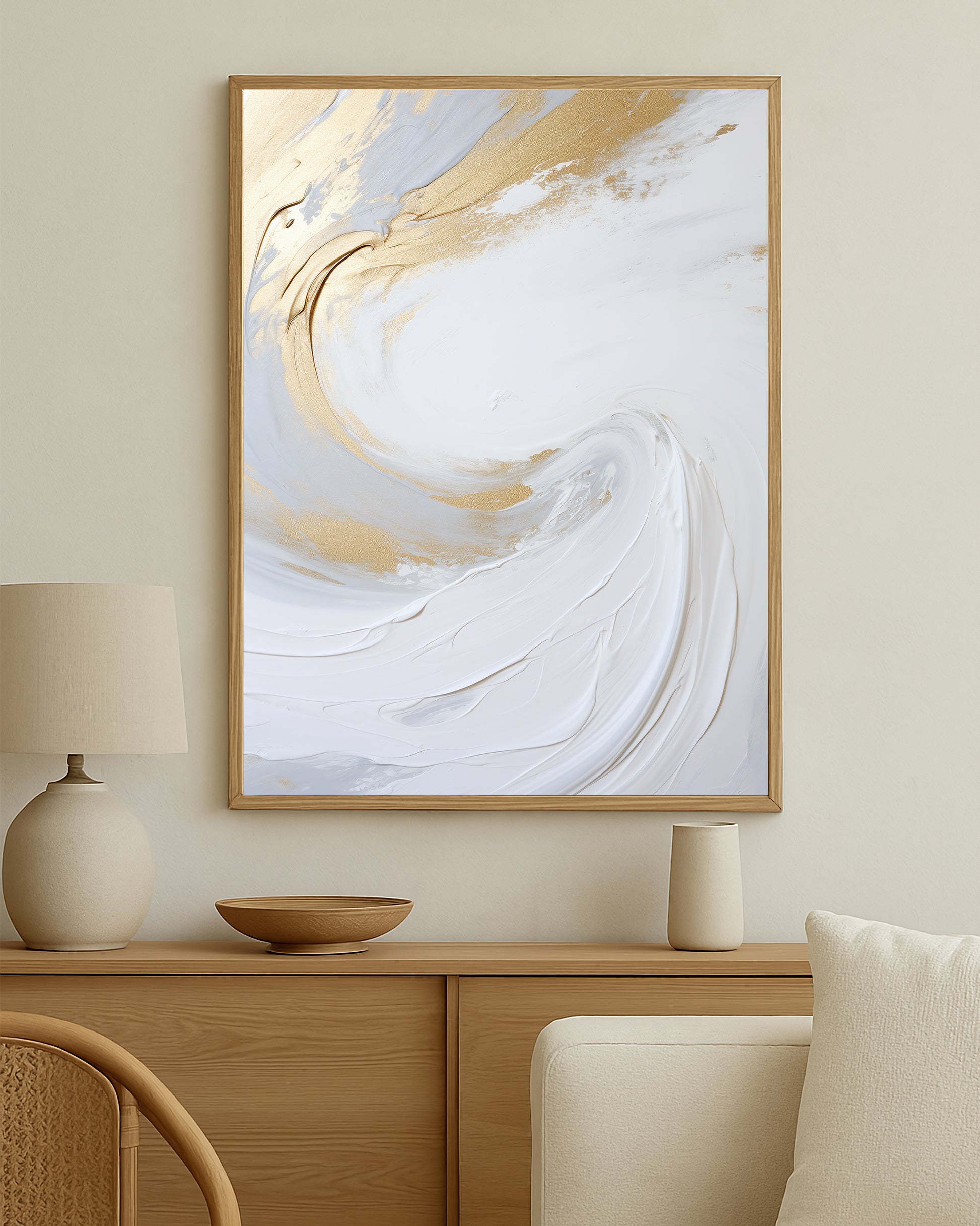 Minimal abstract artwork featuring layered white texture and subtle gold movement on a clean neutral background.