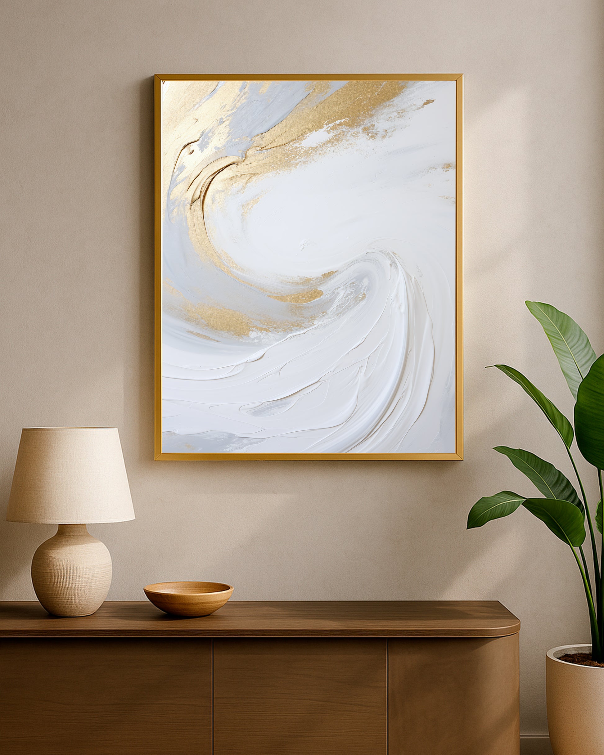 Modern neutral wall art showing soft white swirling brushstrokes with delicate gold accents and refined texture.