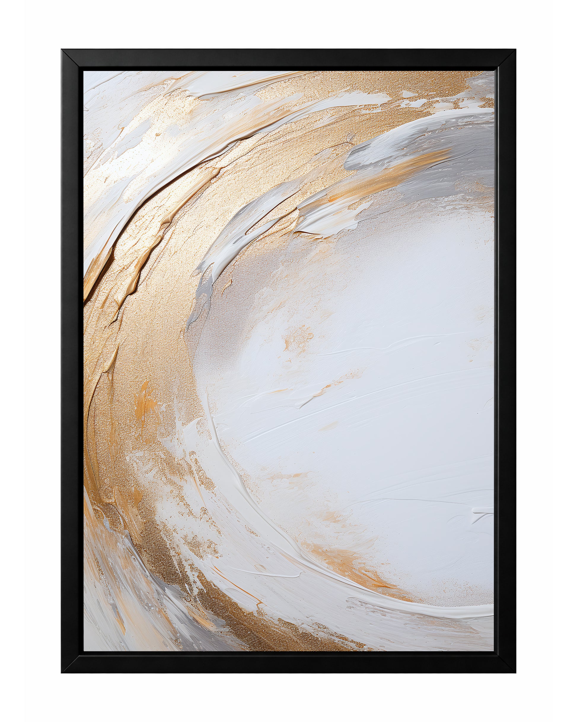 Minimal abstract wall art with broad white and gold arcs flowing across a soft neutral background.