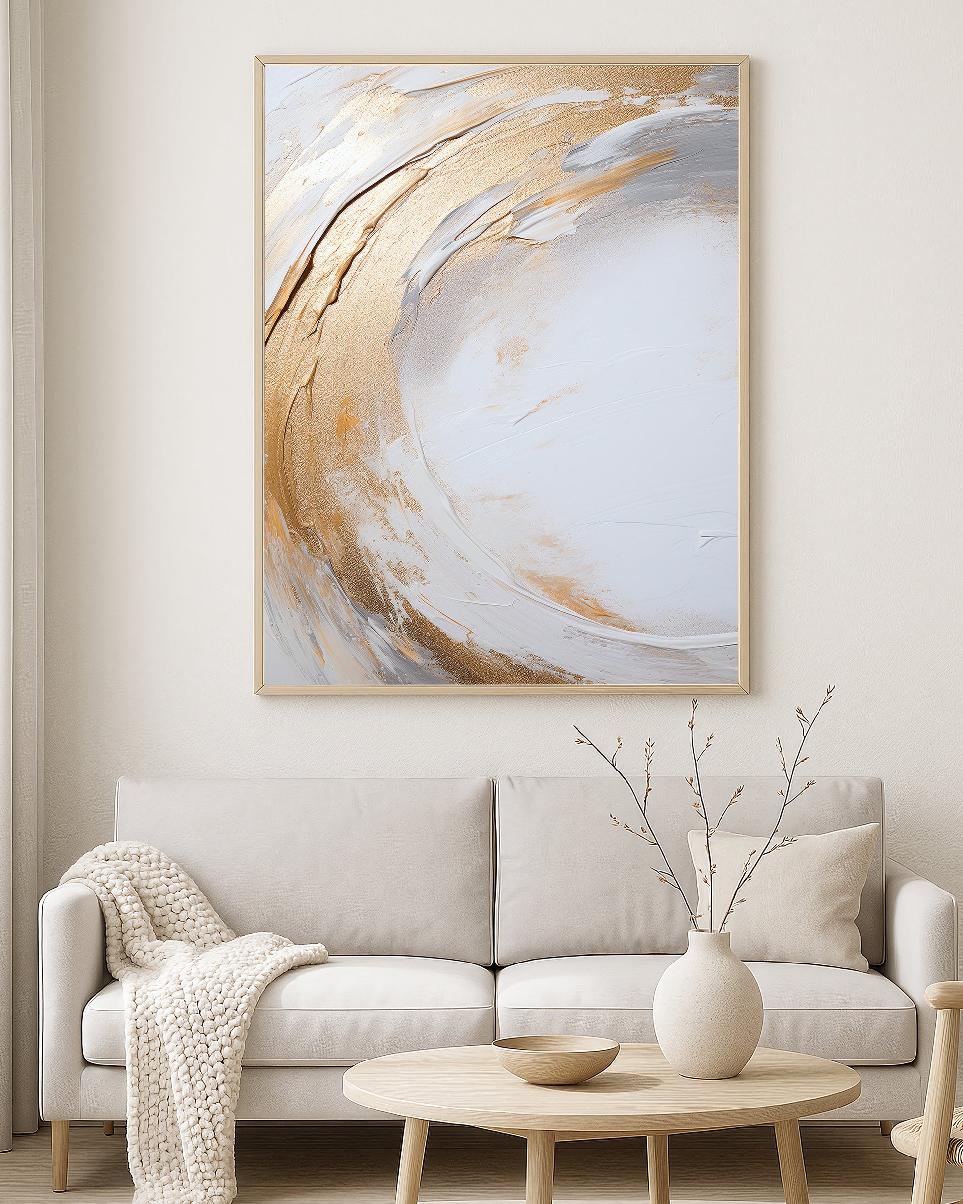 Elegant abstract artwork featuring sweeping gold and white brushstrokes with subtle gray undertones in a clean modern composition.