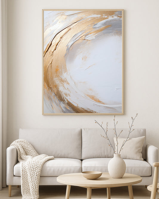 Elegant abstract artwork featuring sweeping gold and white brushstrokes with subtle gray undertones in a clean modern composition.