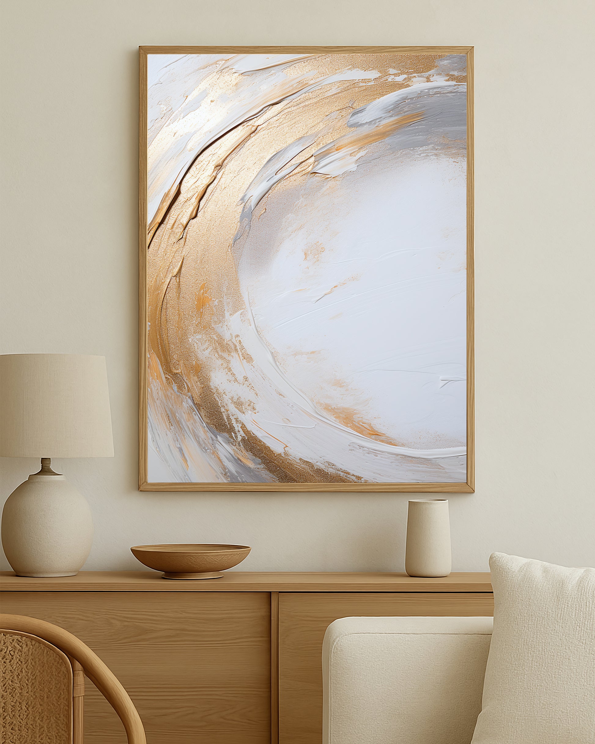 Textured abstract print showing curved white and gold movement with a light airy palette and soft layered detail.