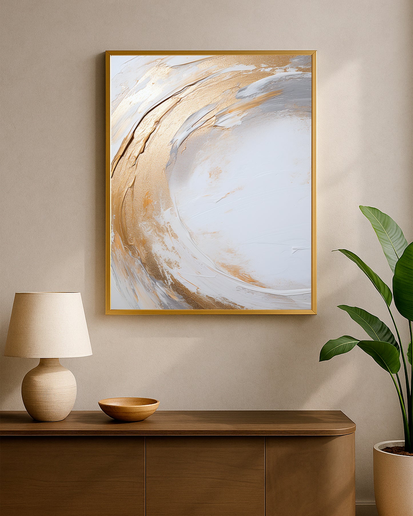 Modern neutral wall art with sweeping arc forms in white, gold, and pale gray on a refined minimalist background.