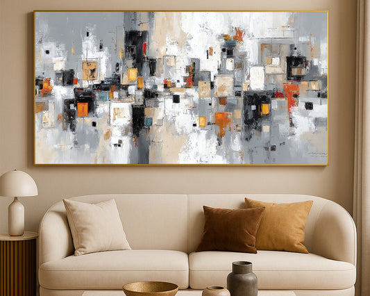 Modern abstract printable artwork featuring textured square compositions and neutral architectural forms