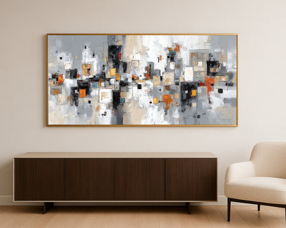 Contemporary cityscape-inspired wall decor with geometric patterns and soft industrial textures