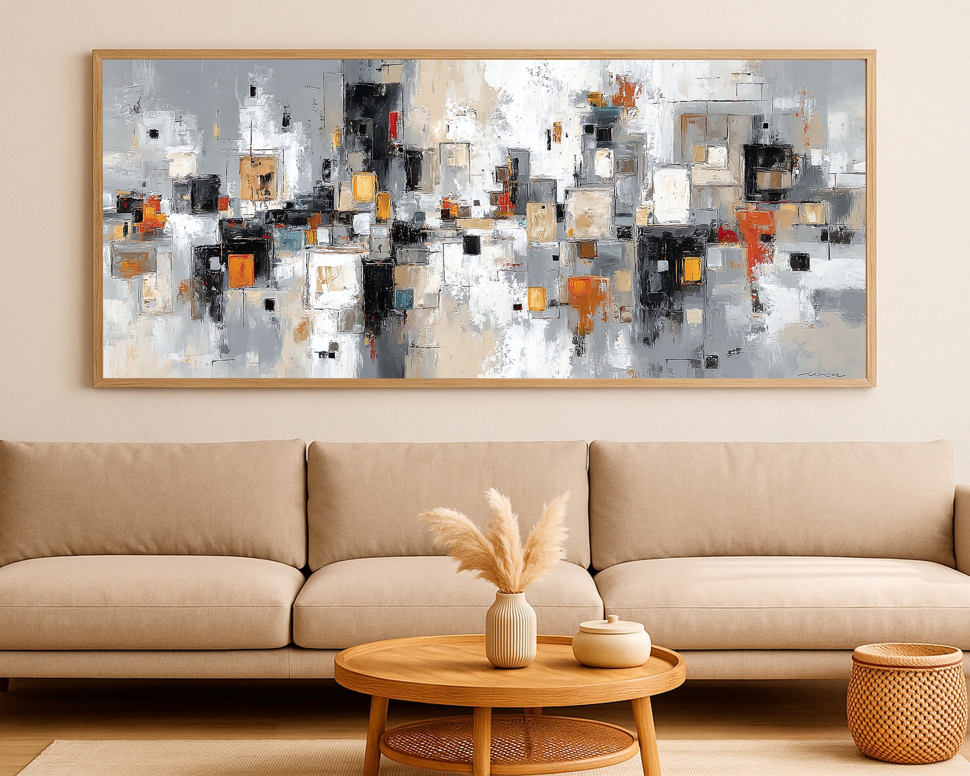 Neutral abstract painting with layered rectangles, warm orange accents, and modern urban composition