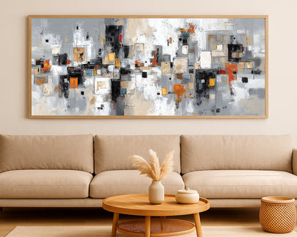 Neutral abstract painting with layered rectangles, warm orange accents, and modern urban composition
