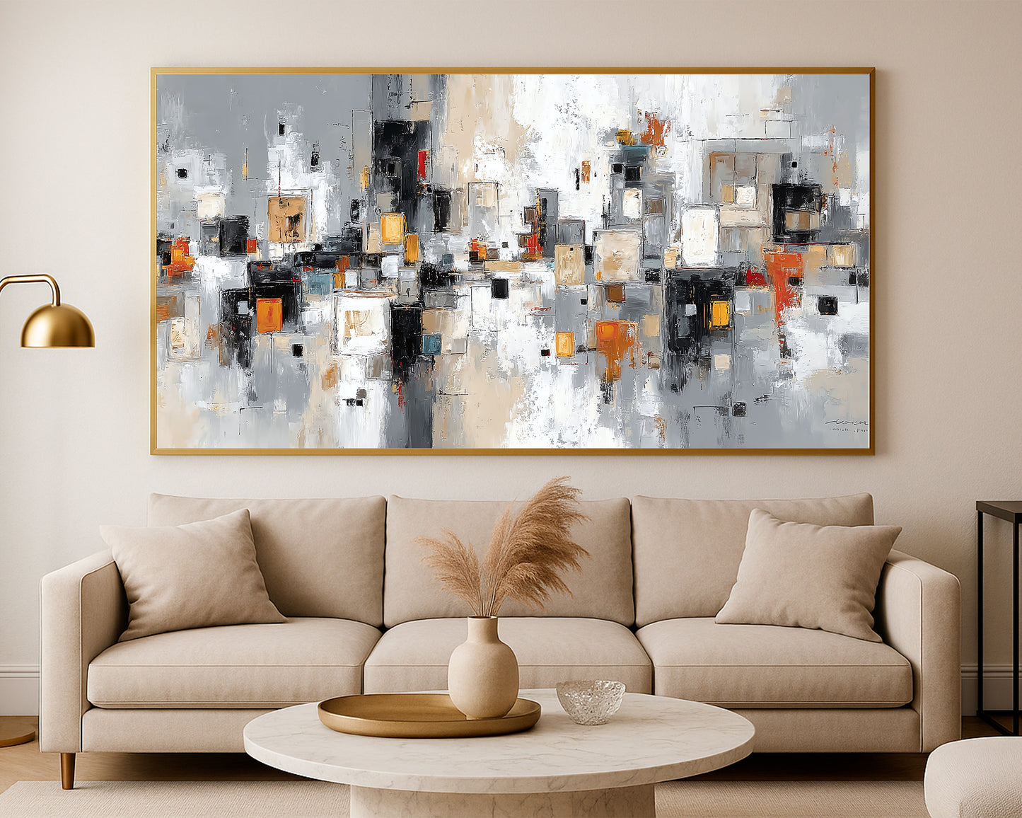 Minimal contemporary wall art with textured geometric blocks in gray, ivory, black, and beige palette