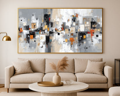 Minimal contemporary wall art with textured geometric blocks in gray, ivory, black, and beige palette