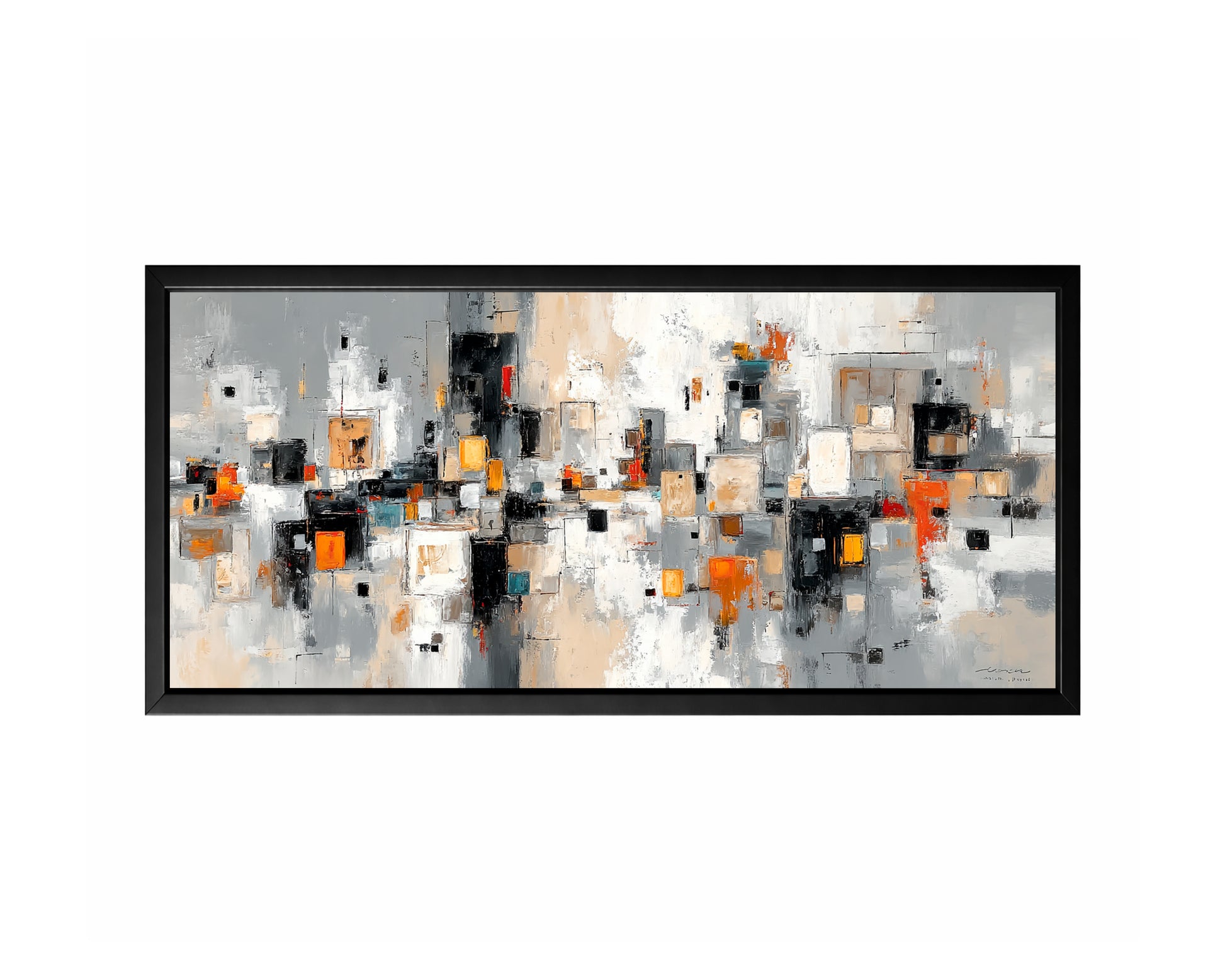 Abstract geometric wall art with layered city-inspired blocks in gray, beige, black, and warm amber tones