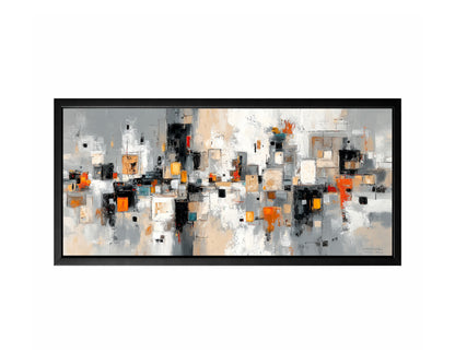 Abstract geometric wall art with layered city-inspired blocks in gray, beige, black, and warm amber tones