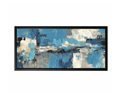 Blue gray abstract panorama wall art with layered blocks of blue, ivory, gray, and black in a wide horizontal composition