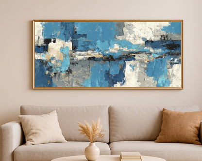 Contemporary abstract artwork featuring textured brushwork and cool-toned geometric forms across a panoramic layout