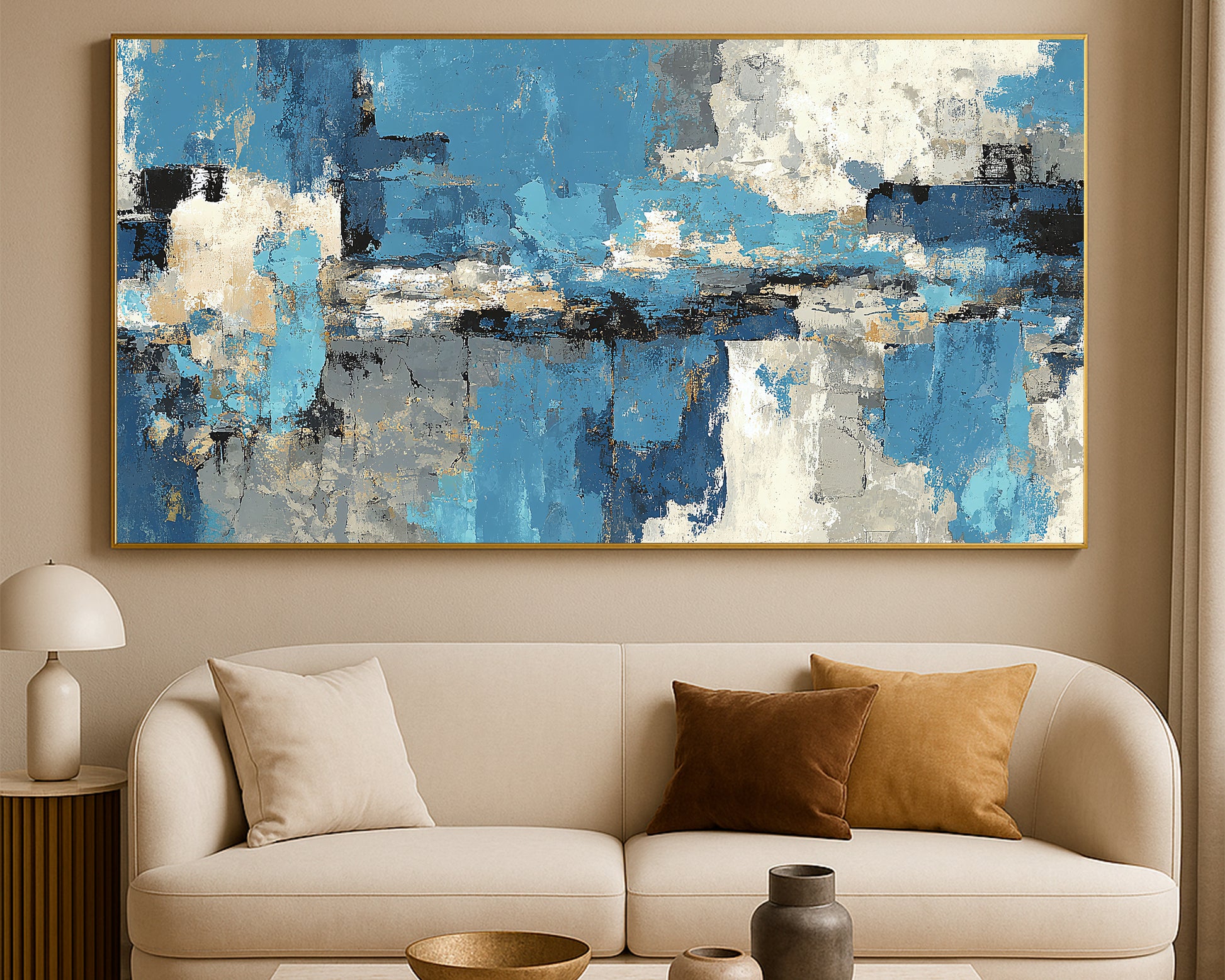Modern horizontal wall art print with expressive blue and gray color fields accented by ivory and black details