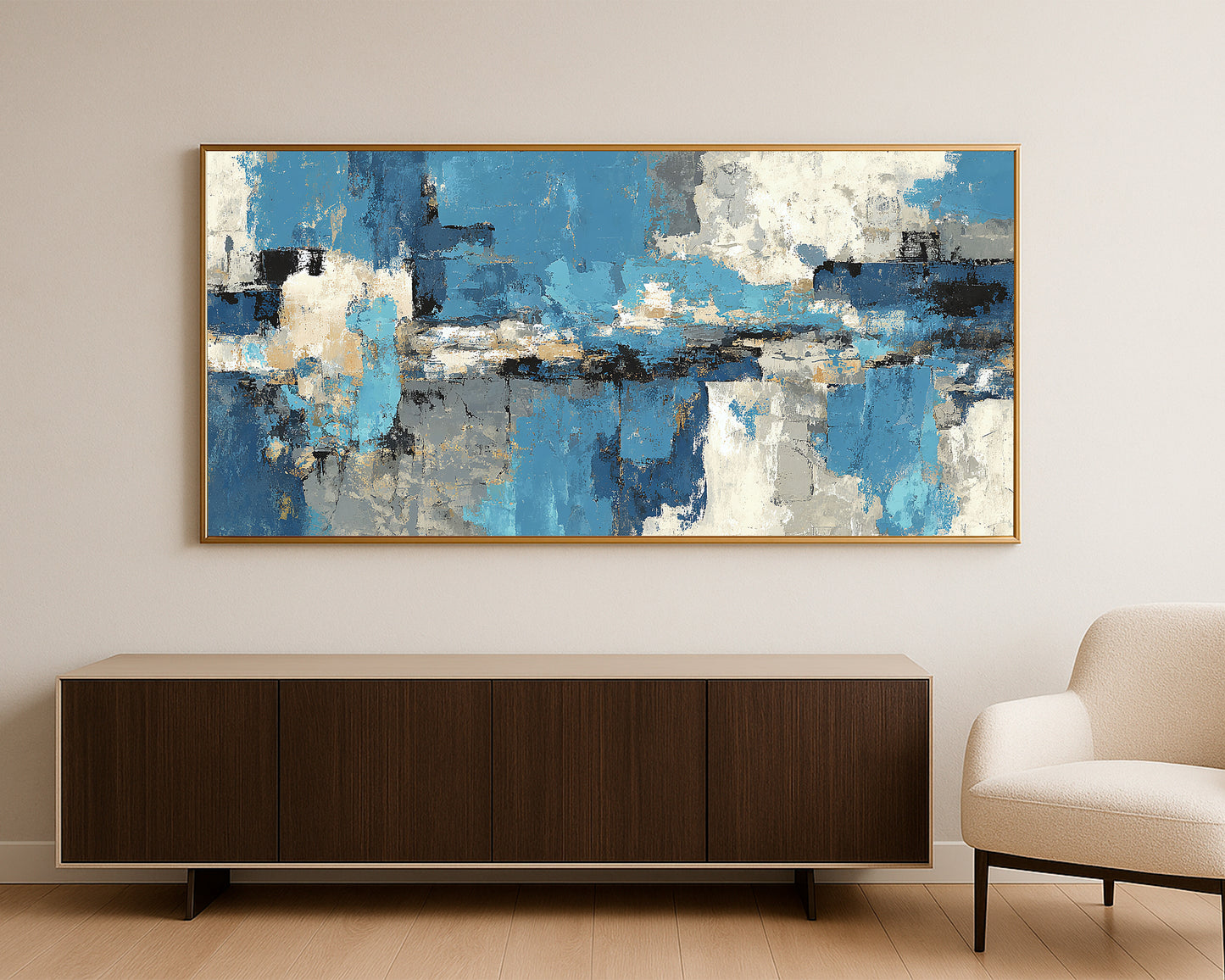 Large abstract panorama decor with balanced cool neutrals and painterly texture for a refined modern look