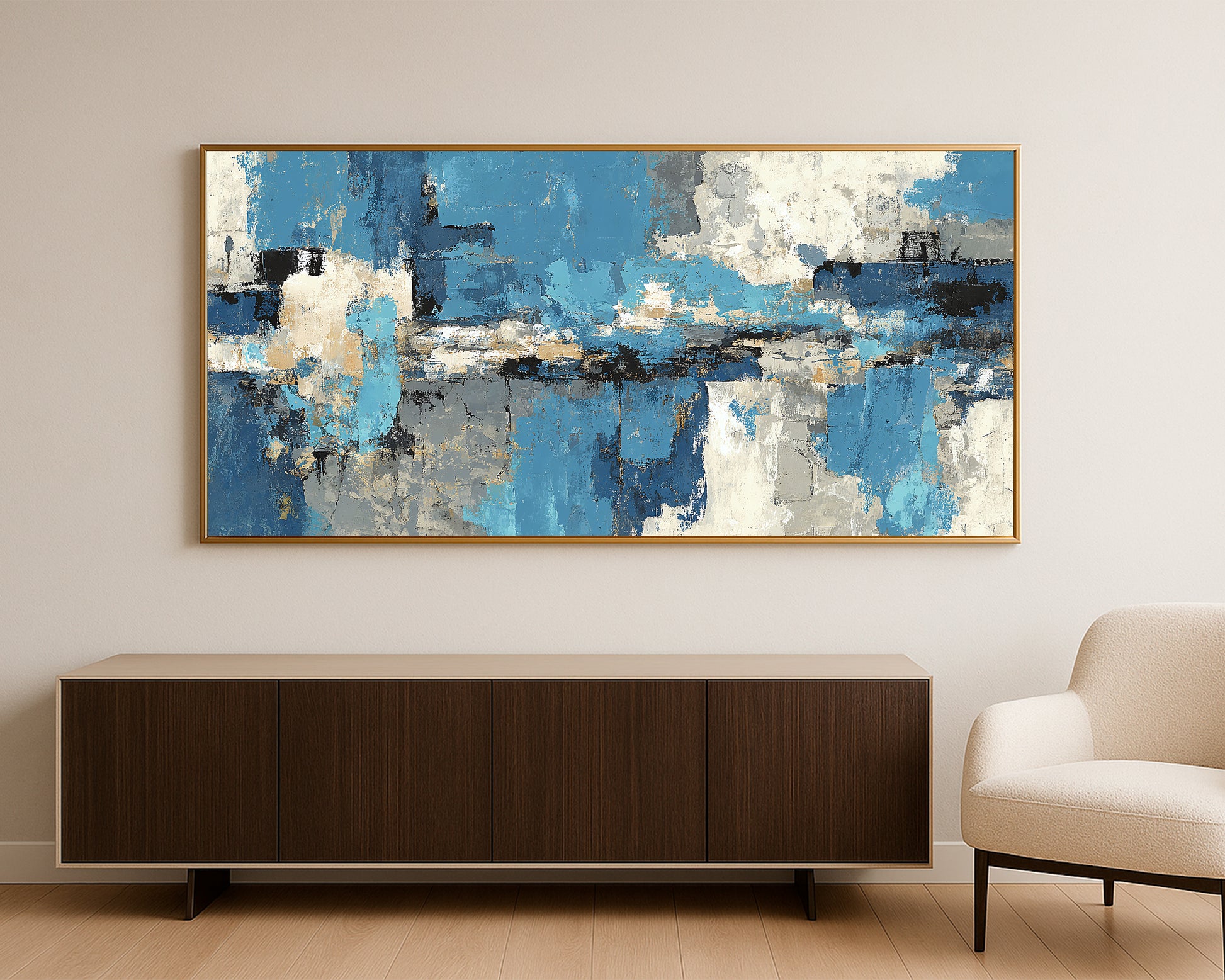Large abstract panorama decor with balanced cool neutrals and painterly texture for a refined modern look