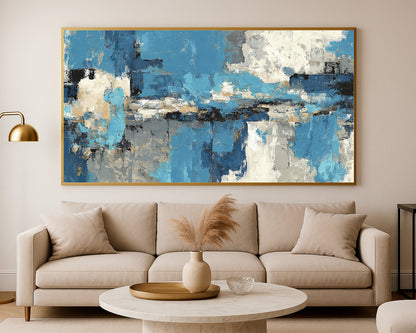 Panoramic abstract wall art with layered rectangular forms, soft contrast, and a calm architectural feel