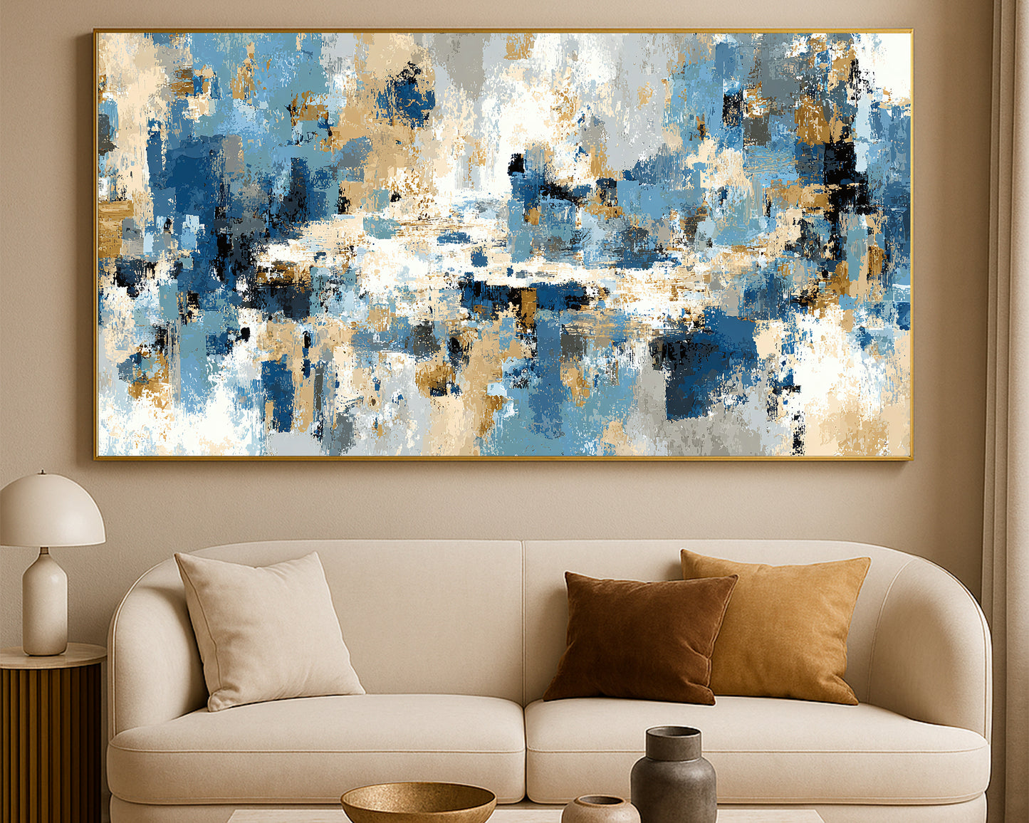 Contemporary abstract artwork featuring textured brushwork and soft neutral color fields across a panoramic layout