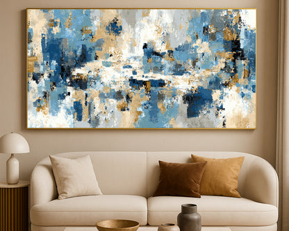 Contemporary abstract artwork featuring textured brushwork and soft neutral color fields across a panoramic layout