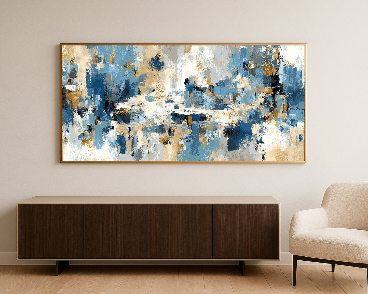 Modern horizontal wall art print with expressive blue and beige forms accented by ivory, gray, and black details